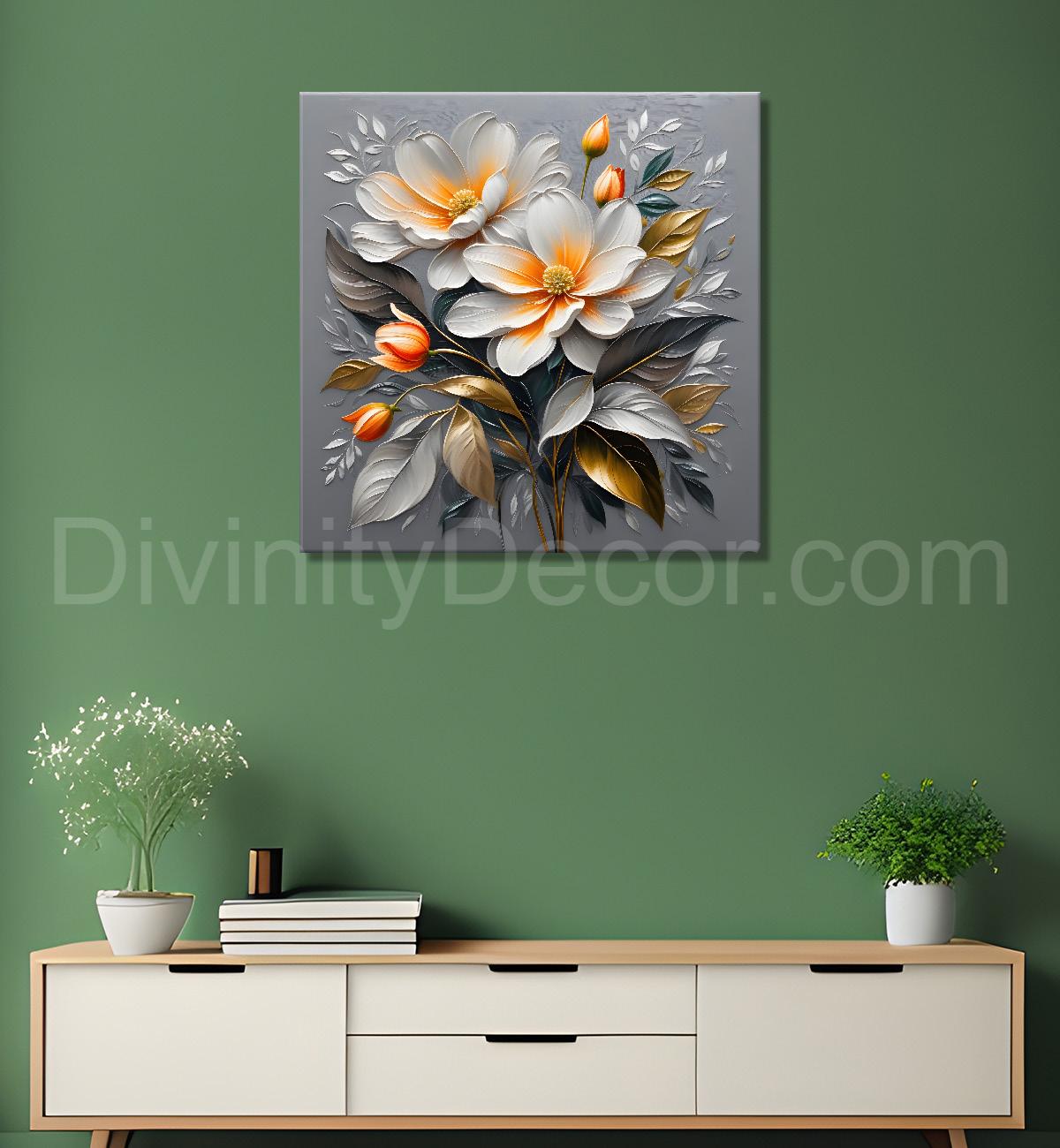 White flowers in grey textured oil painting - Flower-S-430