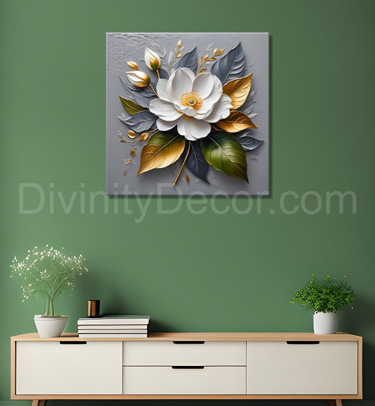 White flowers in grey textured oil painting - Flower-S-431