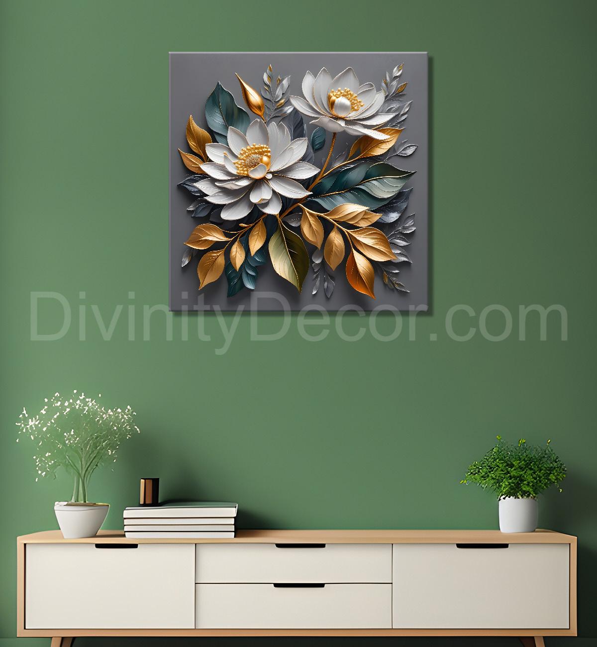 White flowers in grey textured oil painting - Flower-S-432