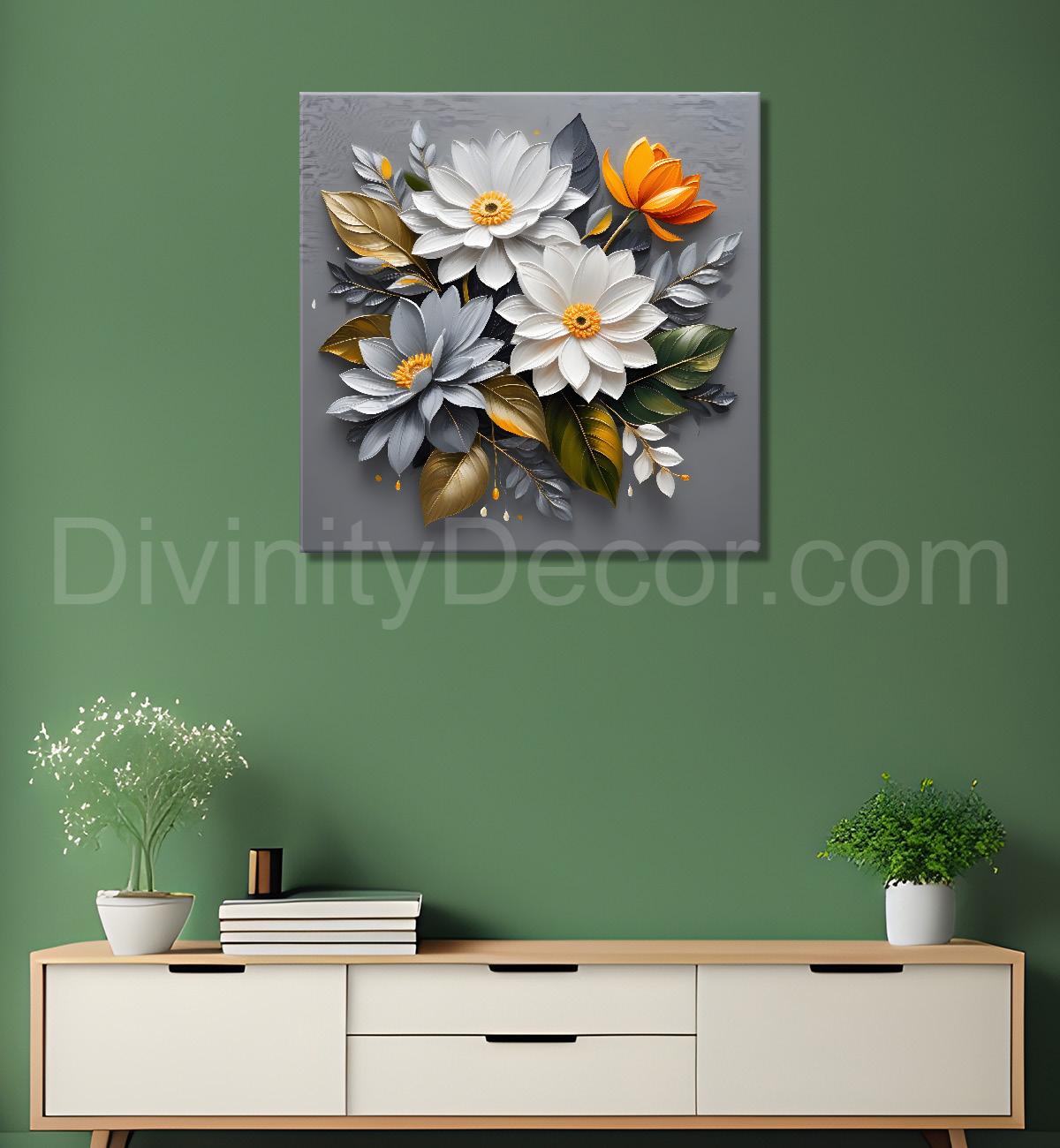 White flowers in grey textured oil painting - Flower-S-433