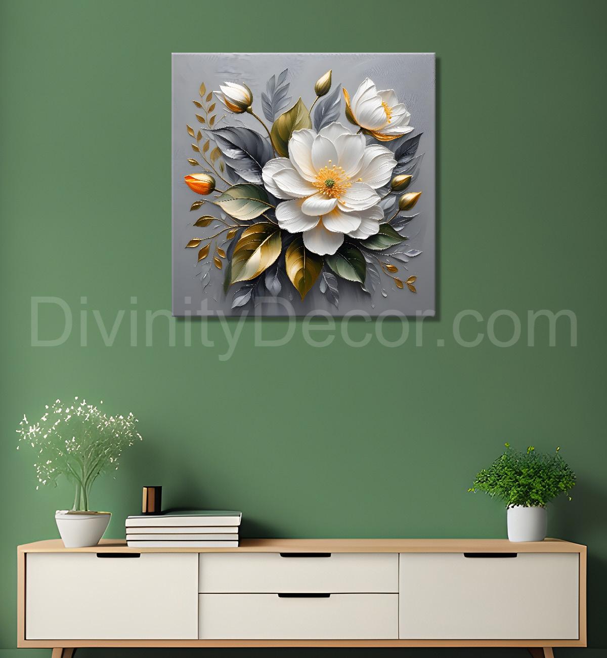 White flowers in grey textured oil painting - Flower-S-434