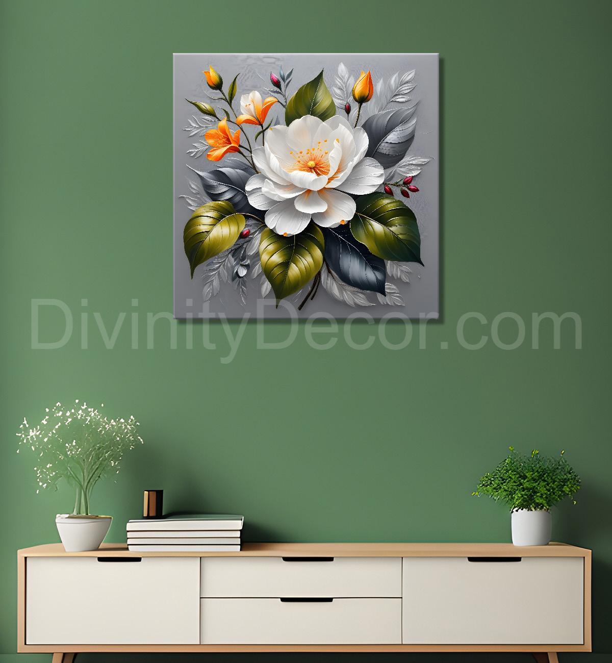 White flowers in grey textured oil painting - Flower-S-435