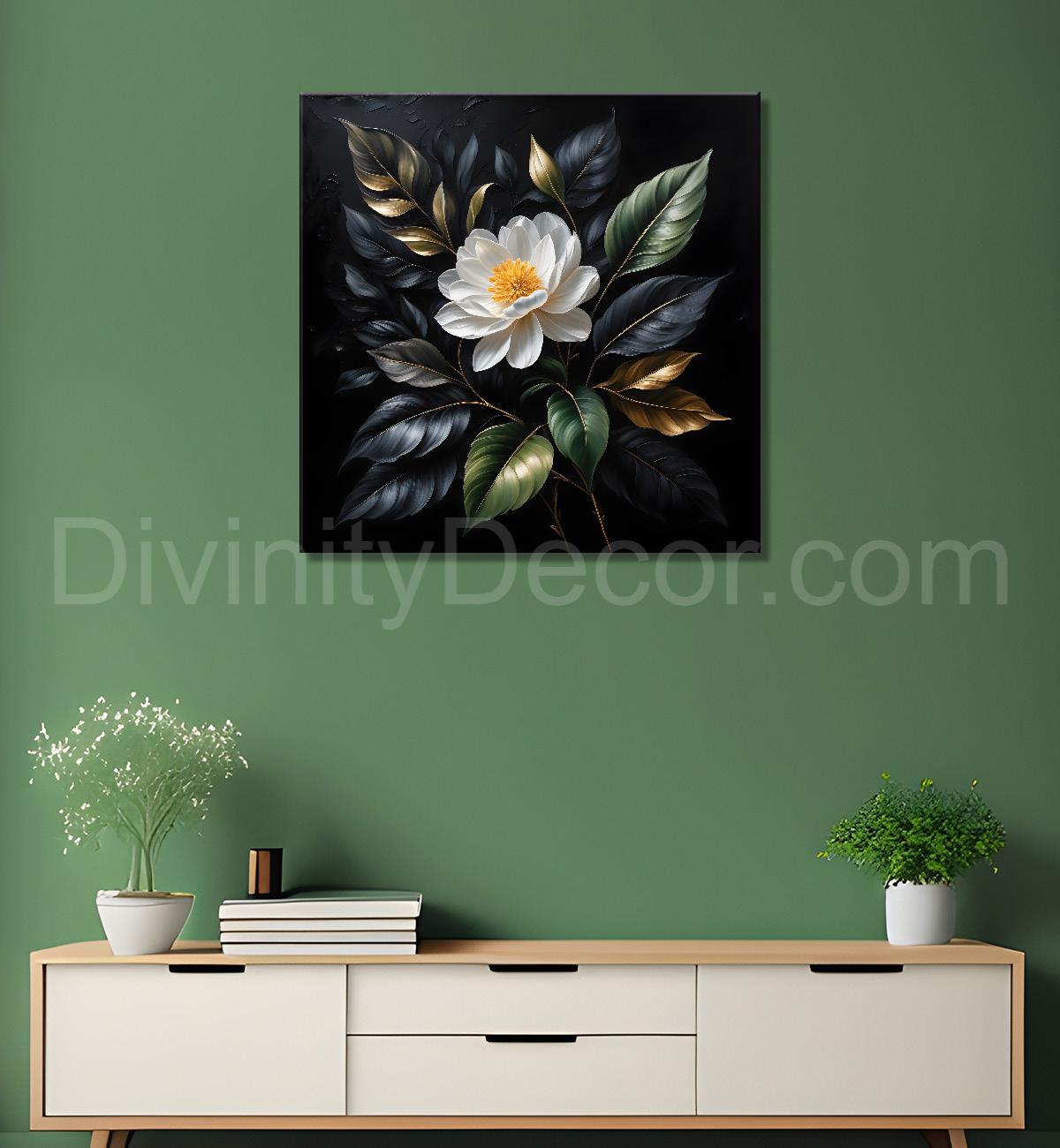 White flowers in black textured oil painting  - Flower-S-436