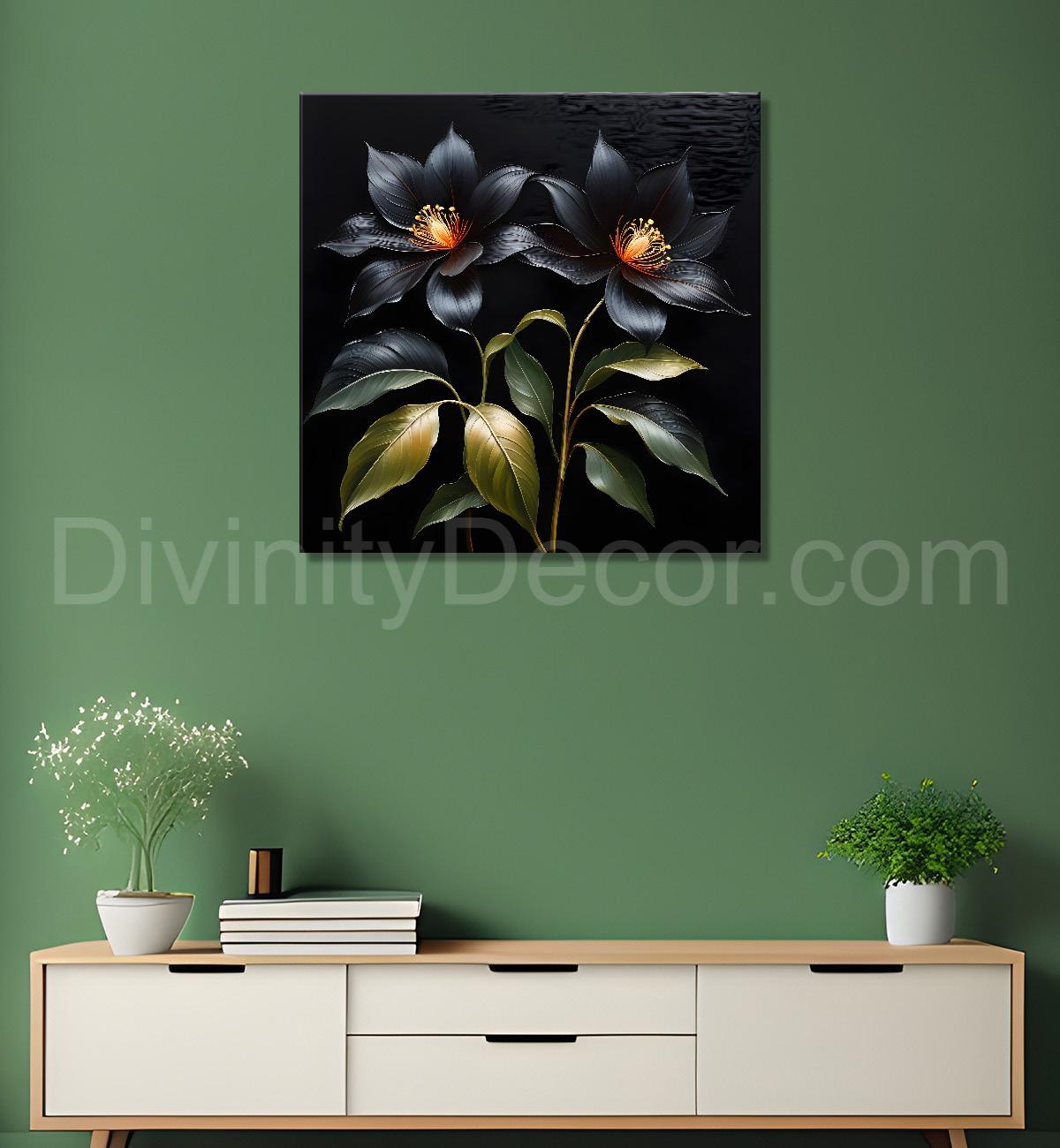 Green leaves in black textured oil painting  - Flower-S-437