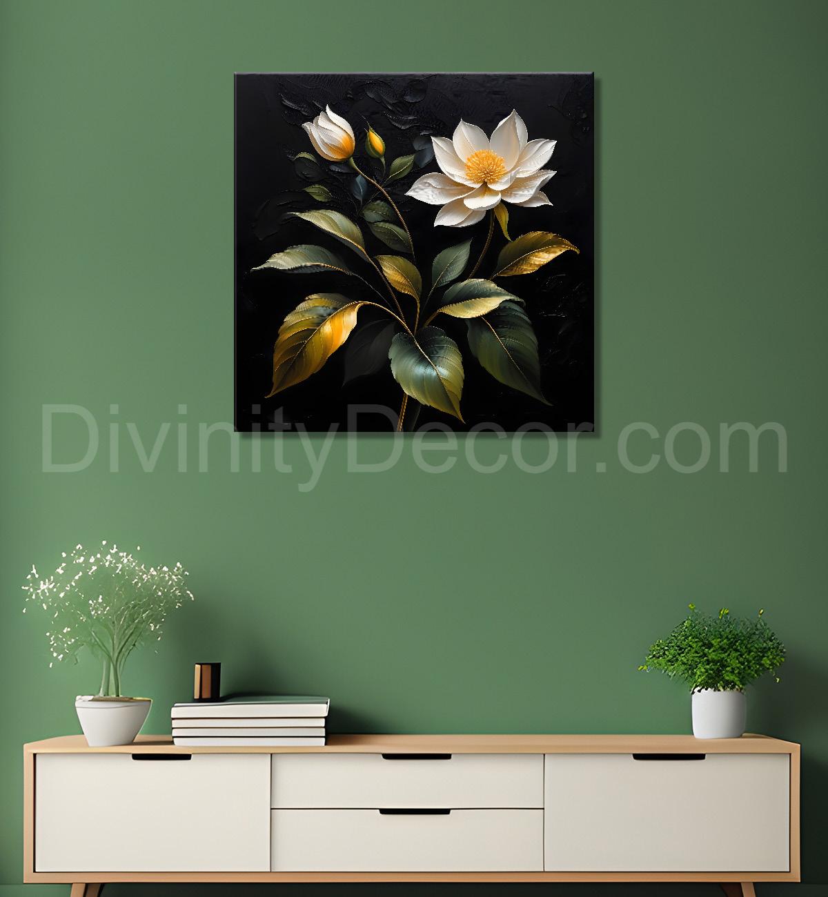 White flowers in black textured oil painting - Flower-S-438
