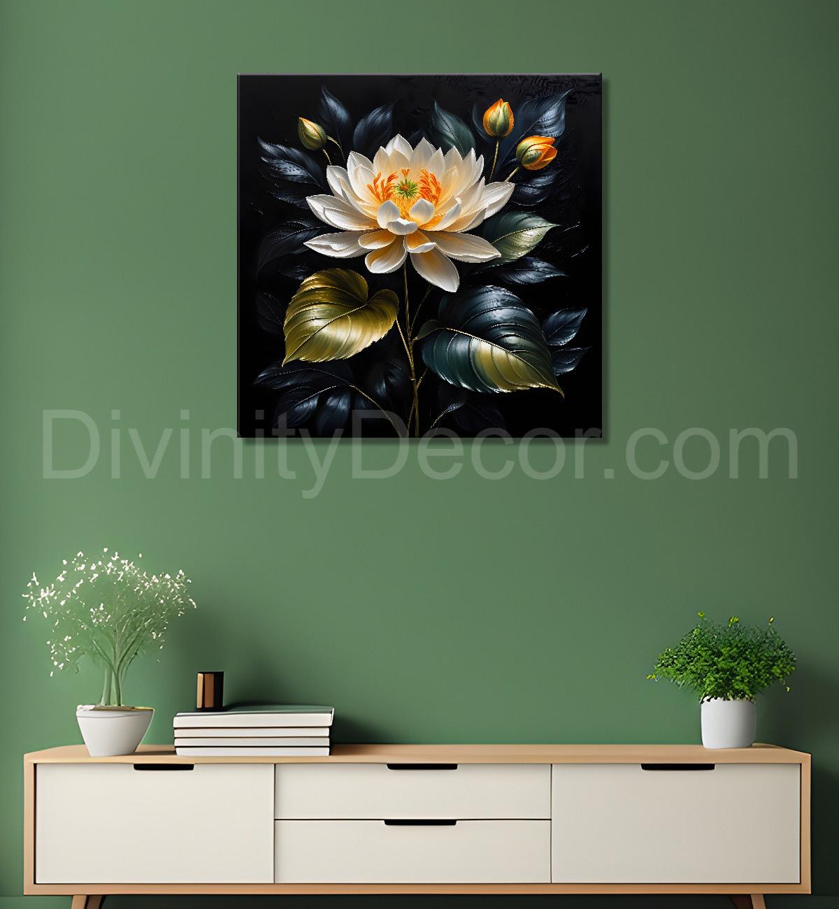 White flowers in black textured oil painting - Flower-S-439