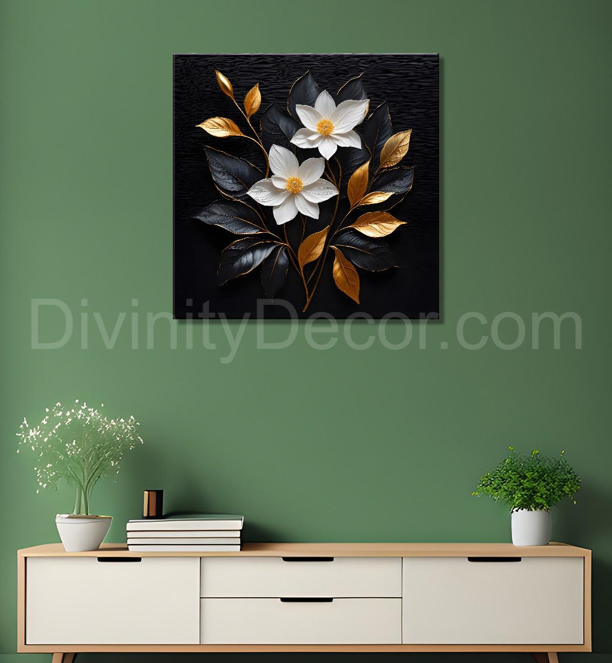 White flowers in black textured oil painting - Flower-S-440