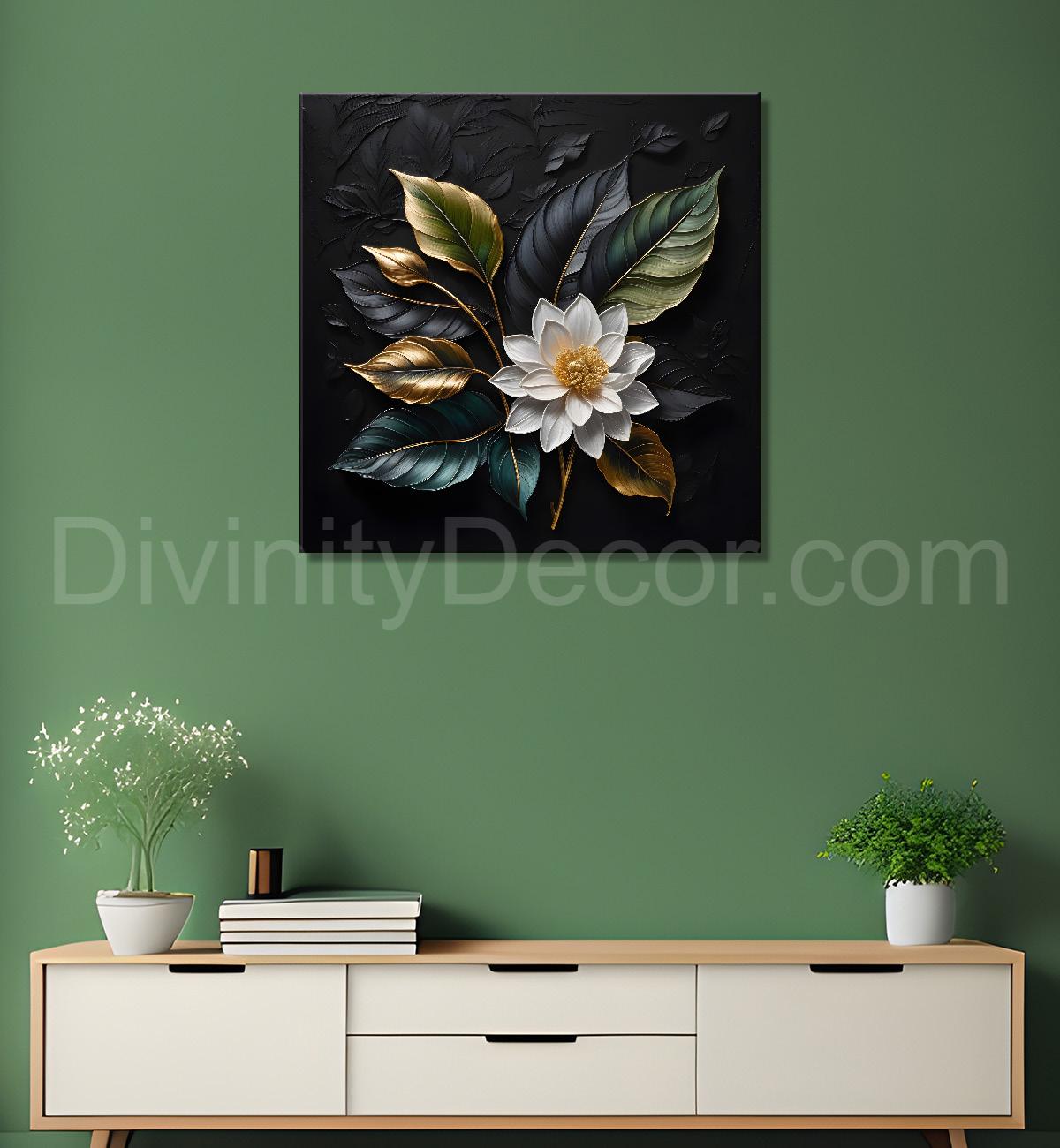 White flower in black textured oil painting - Flower-S-442