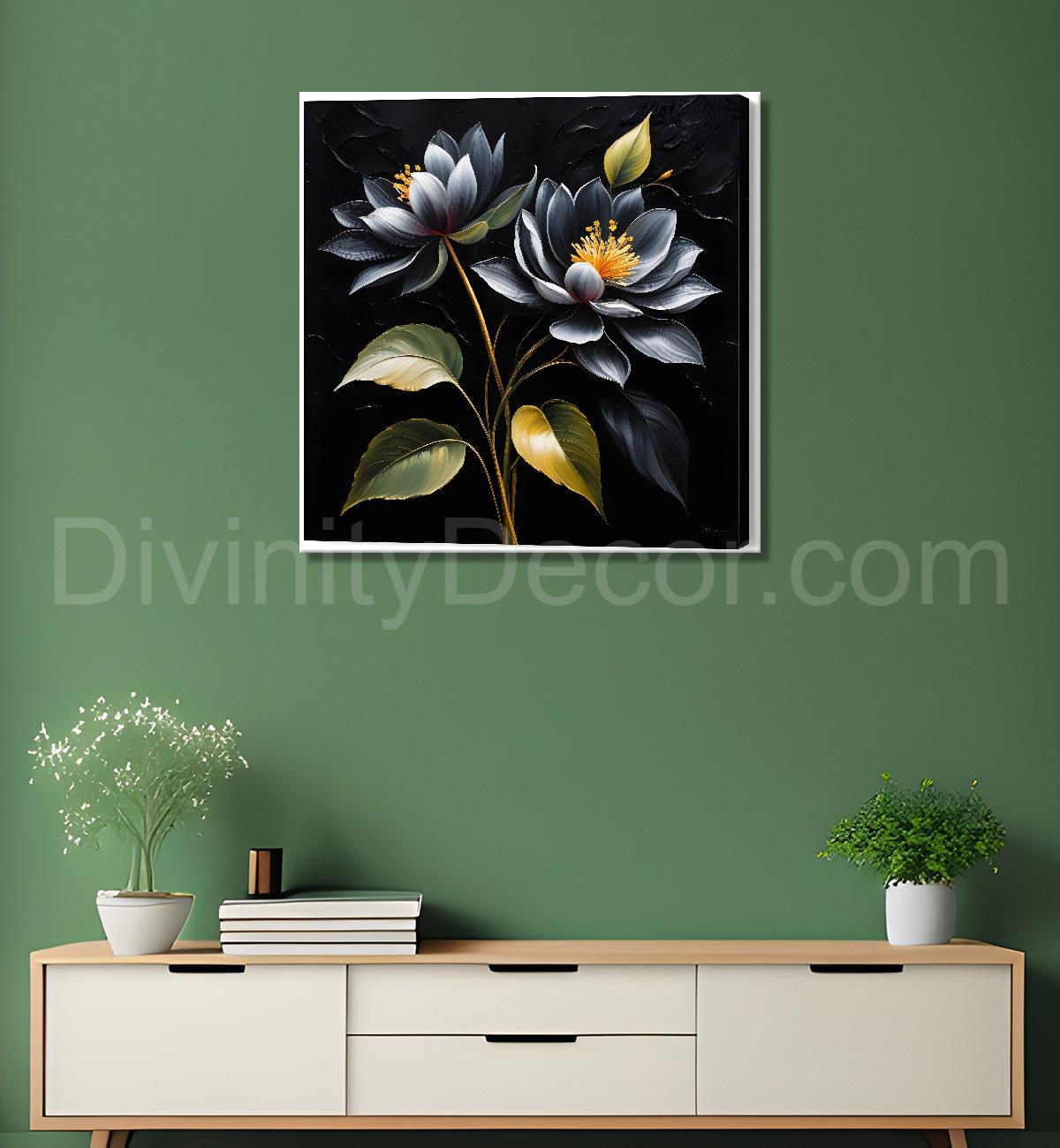 Blue flowers in black textured oil painting  - Flower-S-444