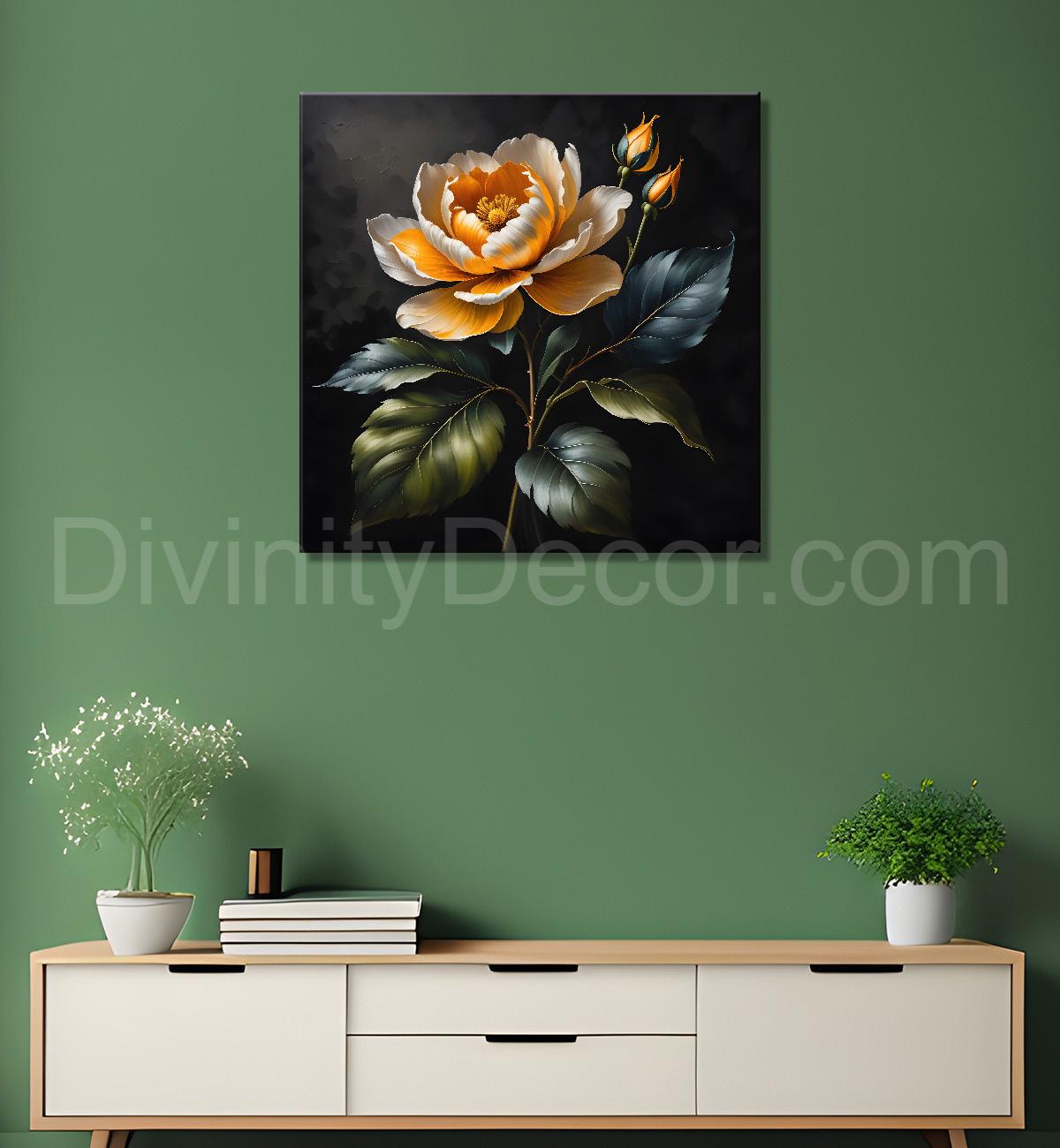Yellow flower in black textured oil painting - Flower-S-445