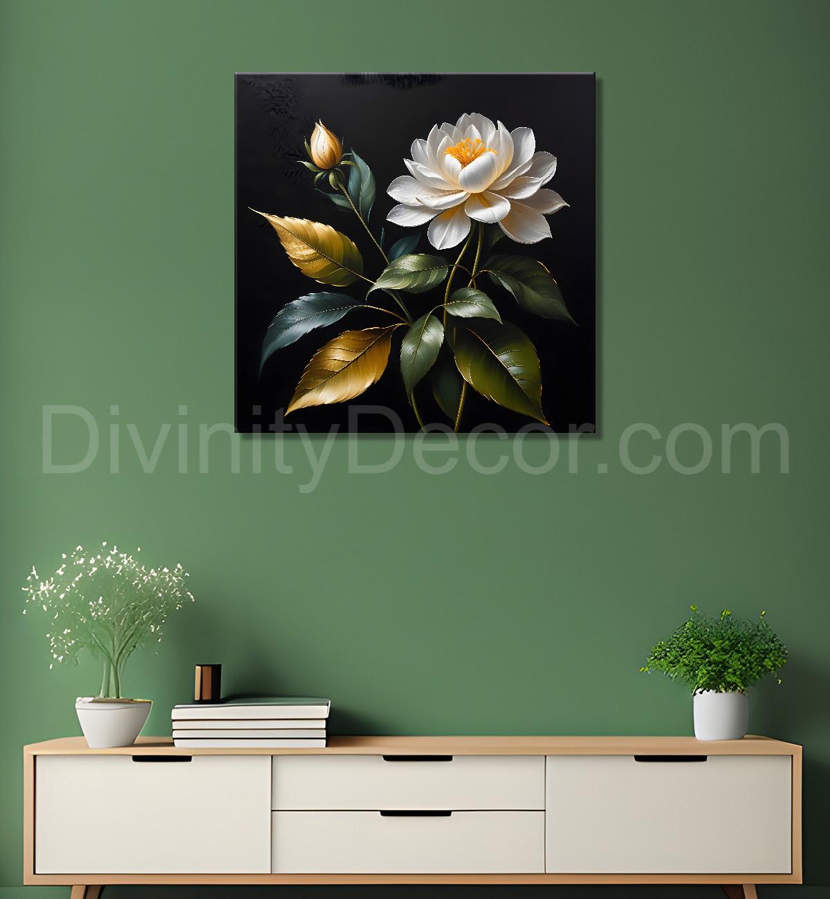 White flower in black textured oil painting - Flower-S-446