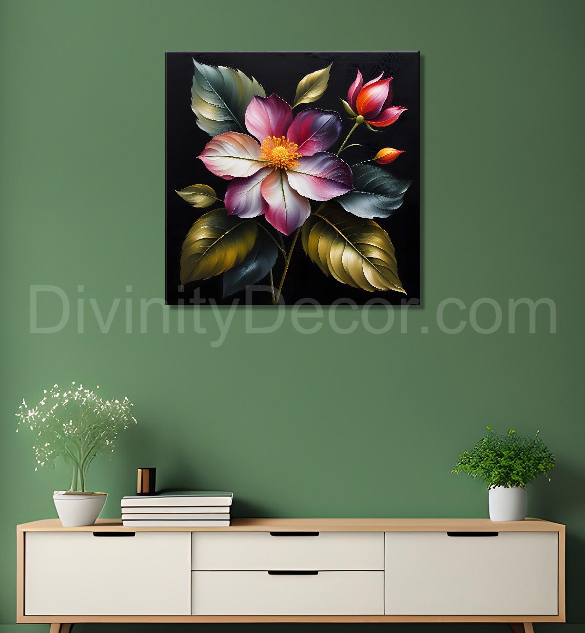 Pink flower in black textured oil painting - Flower-S-448