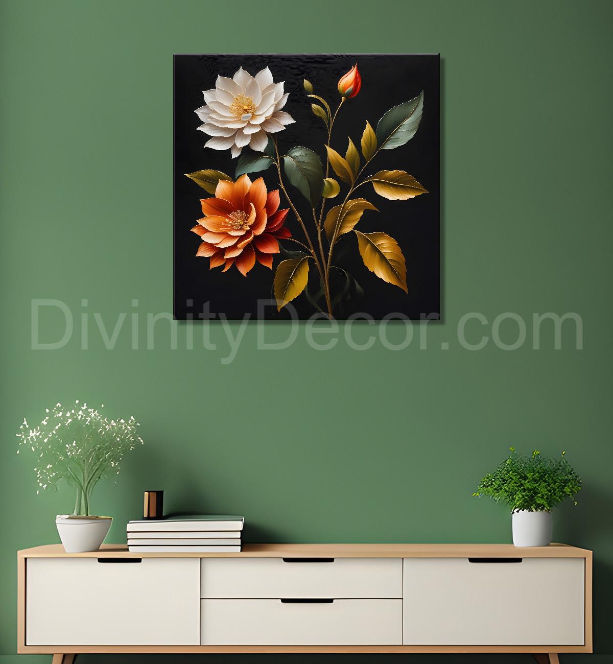 Colourful flower in black textured oil painting - Flower-S-449