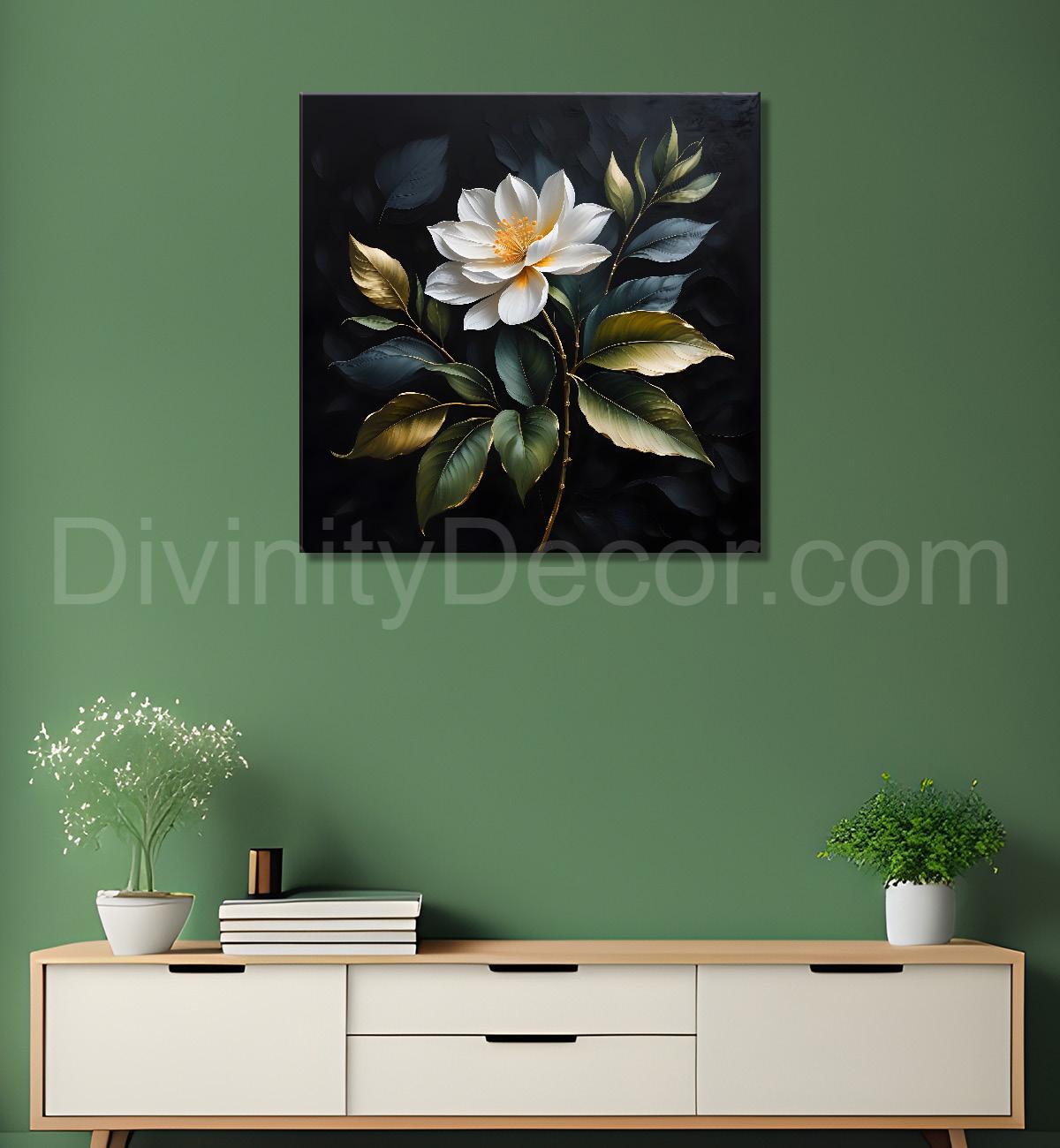 White flower in black textured oil painting - Flower-S-450