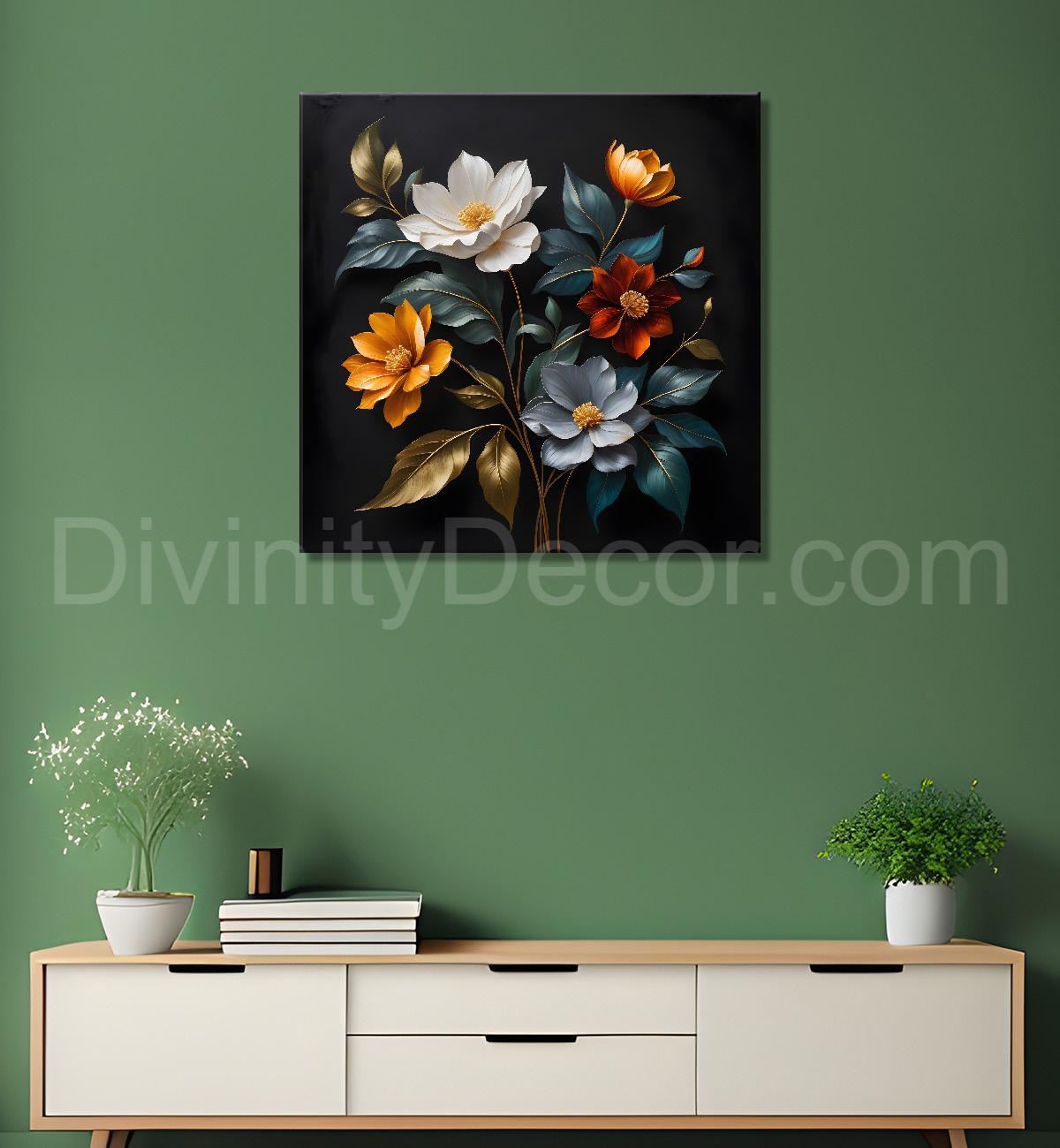 Colourful flower in black textured oil painting - Flower-S-451