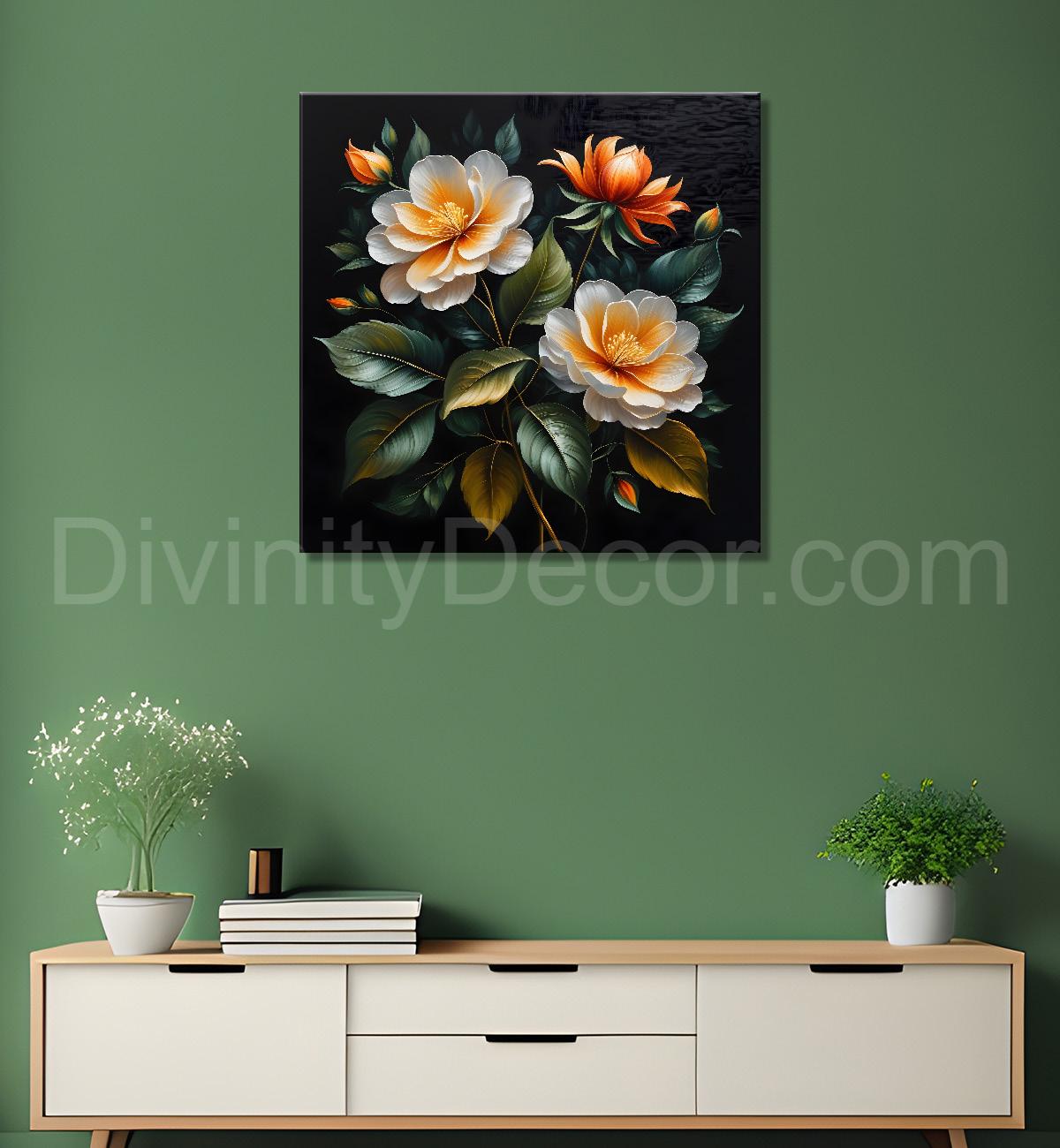 Colourful flower in black textured oil painting - Flower-S-454