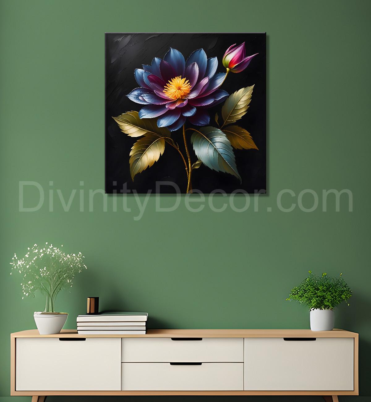 Purple flower in black textured oil painting - Flower-S-455
