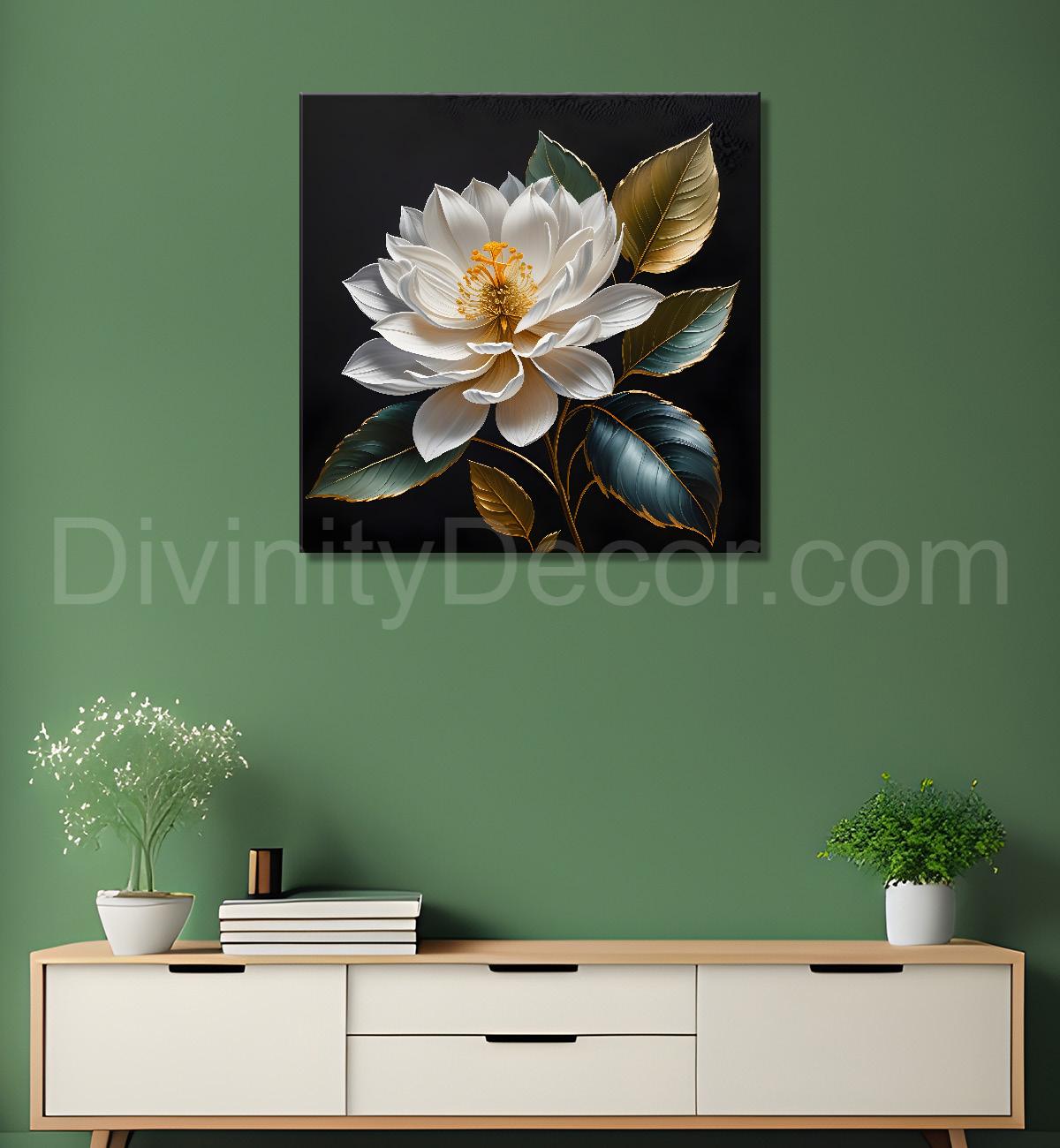 White flower in black textured oil painting - Flower-S-456