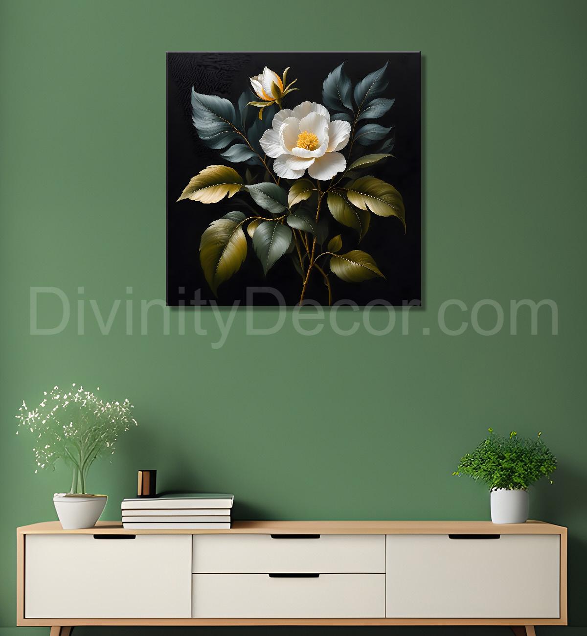 White flower in black textured oil painting - Flower-S-457