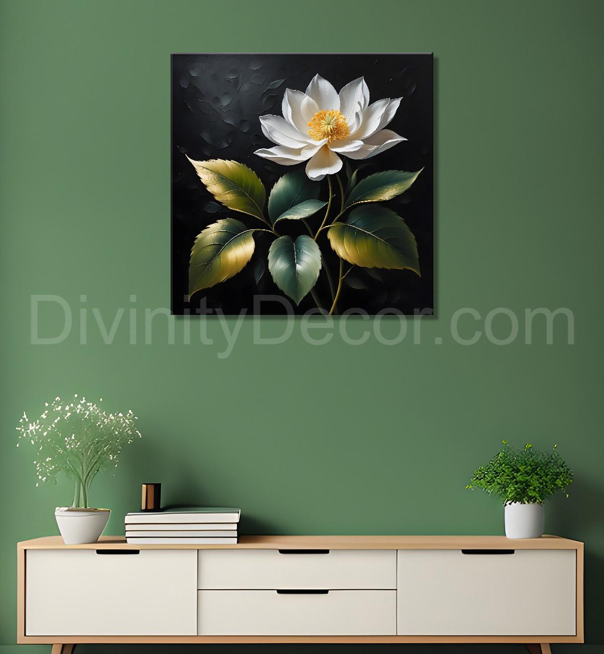 White flower in black textured oil painting - Flower-S-459