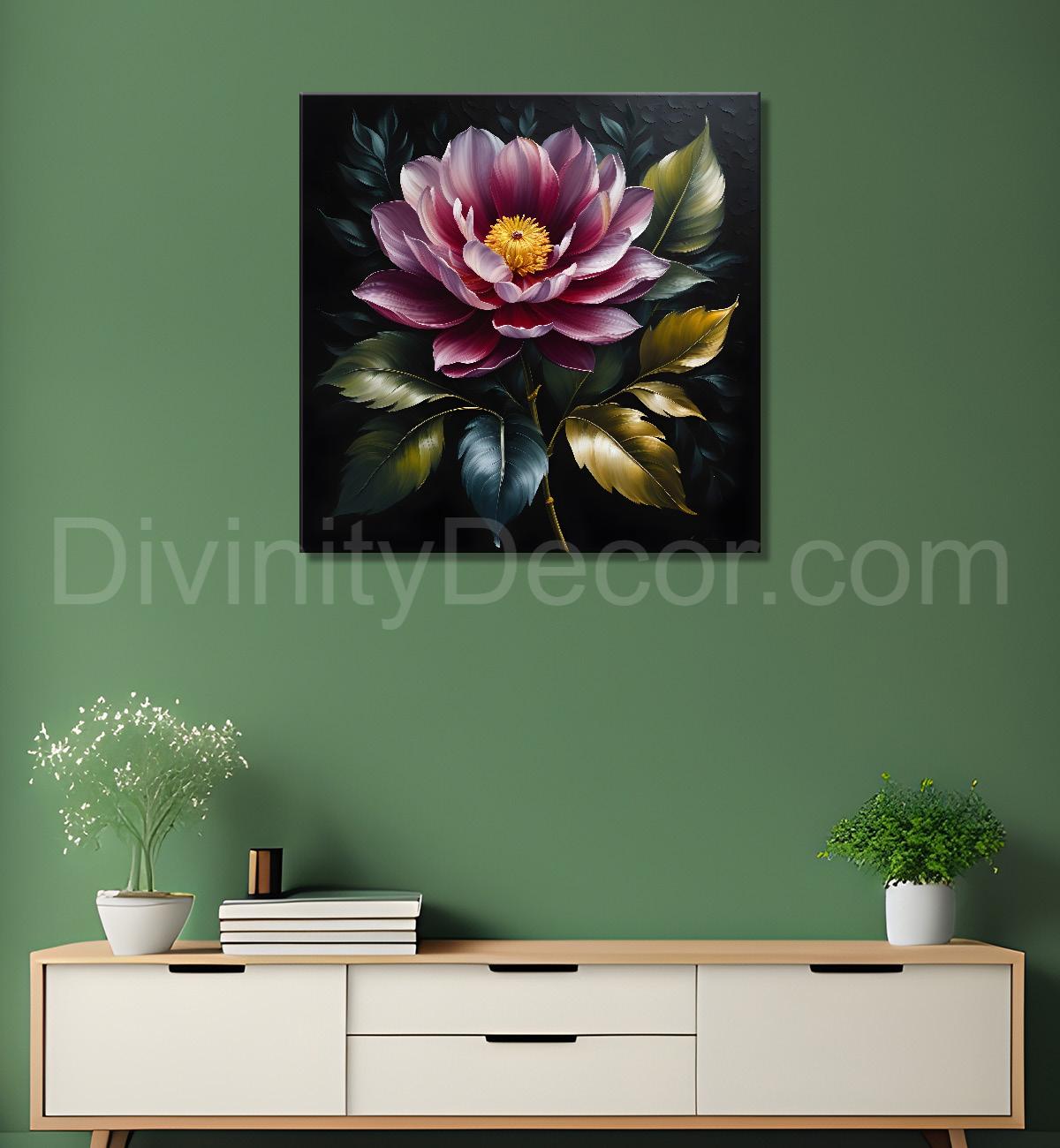 Purple flower in black textured oil painting - Flower-S-461
