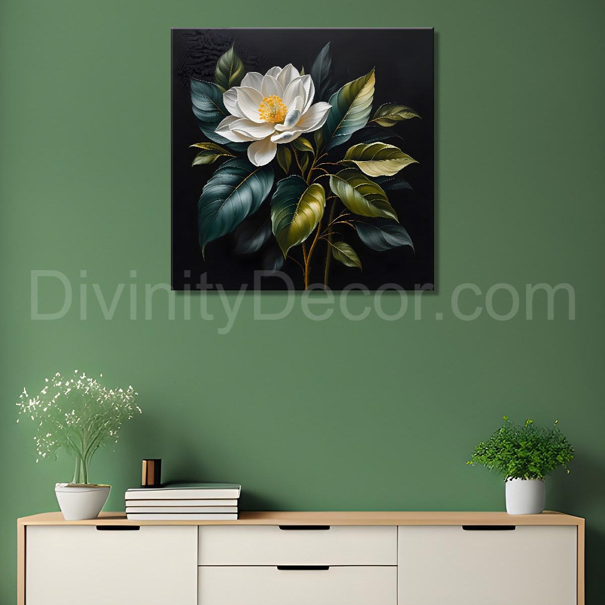 White flower in black textured oil painting - Flower-S-462 – Divinity Decor