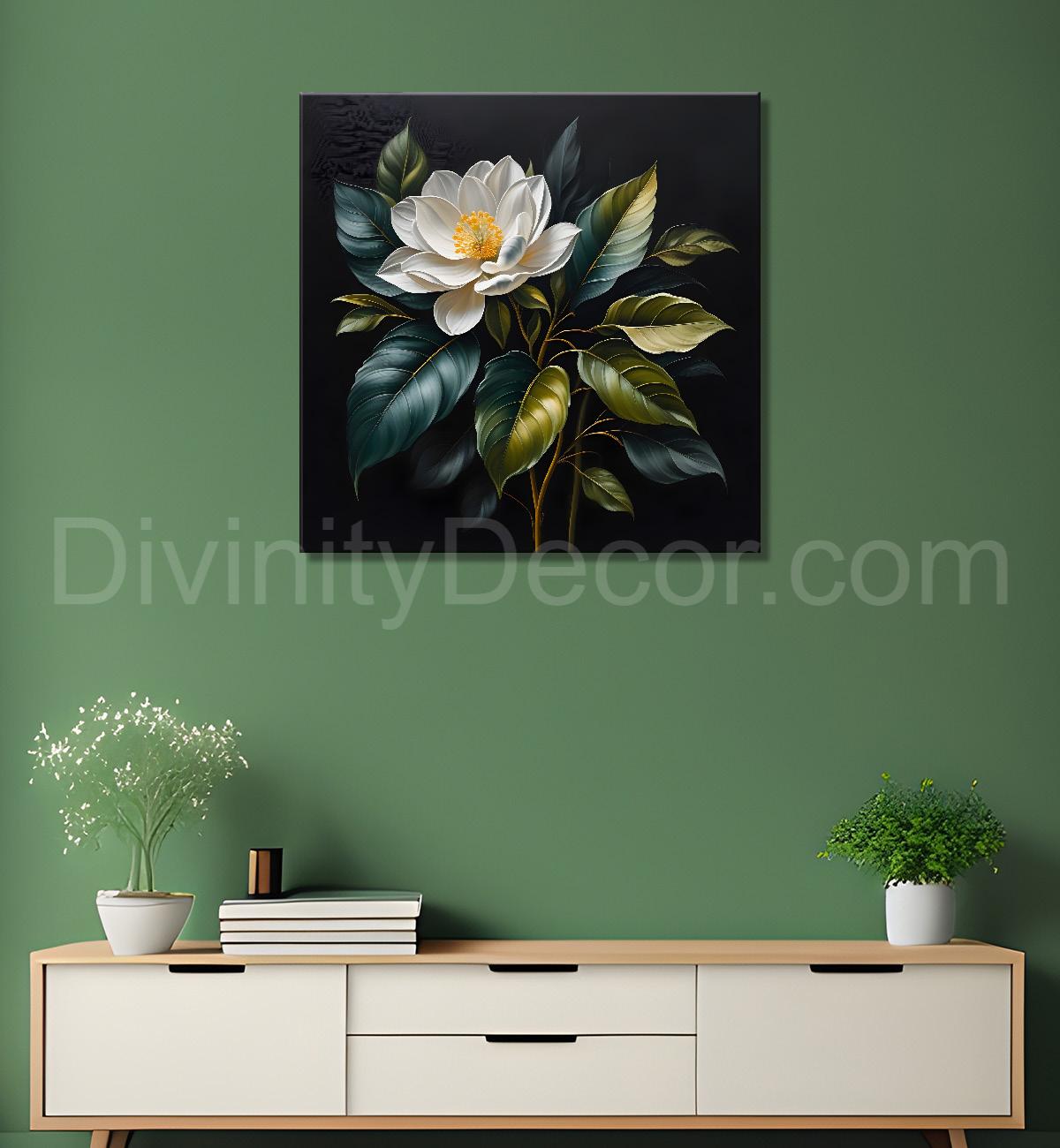 White flower in black textured oil painting  - Flower-S-462