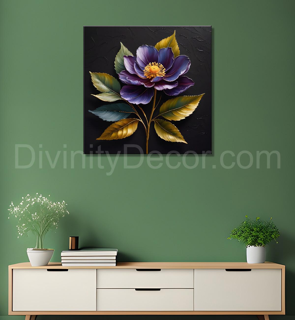 Purple flower in black textured oil painting  - Flower-S-463