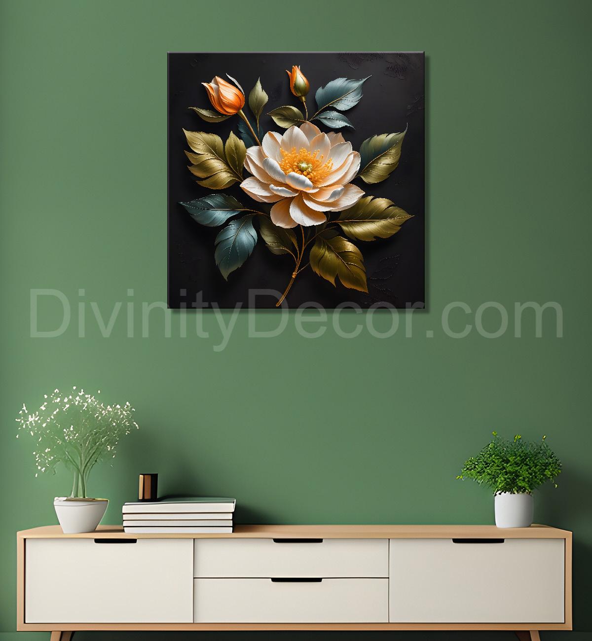 White flower in black textured oil painting - Flower-S-464