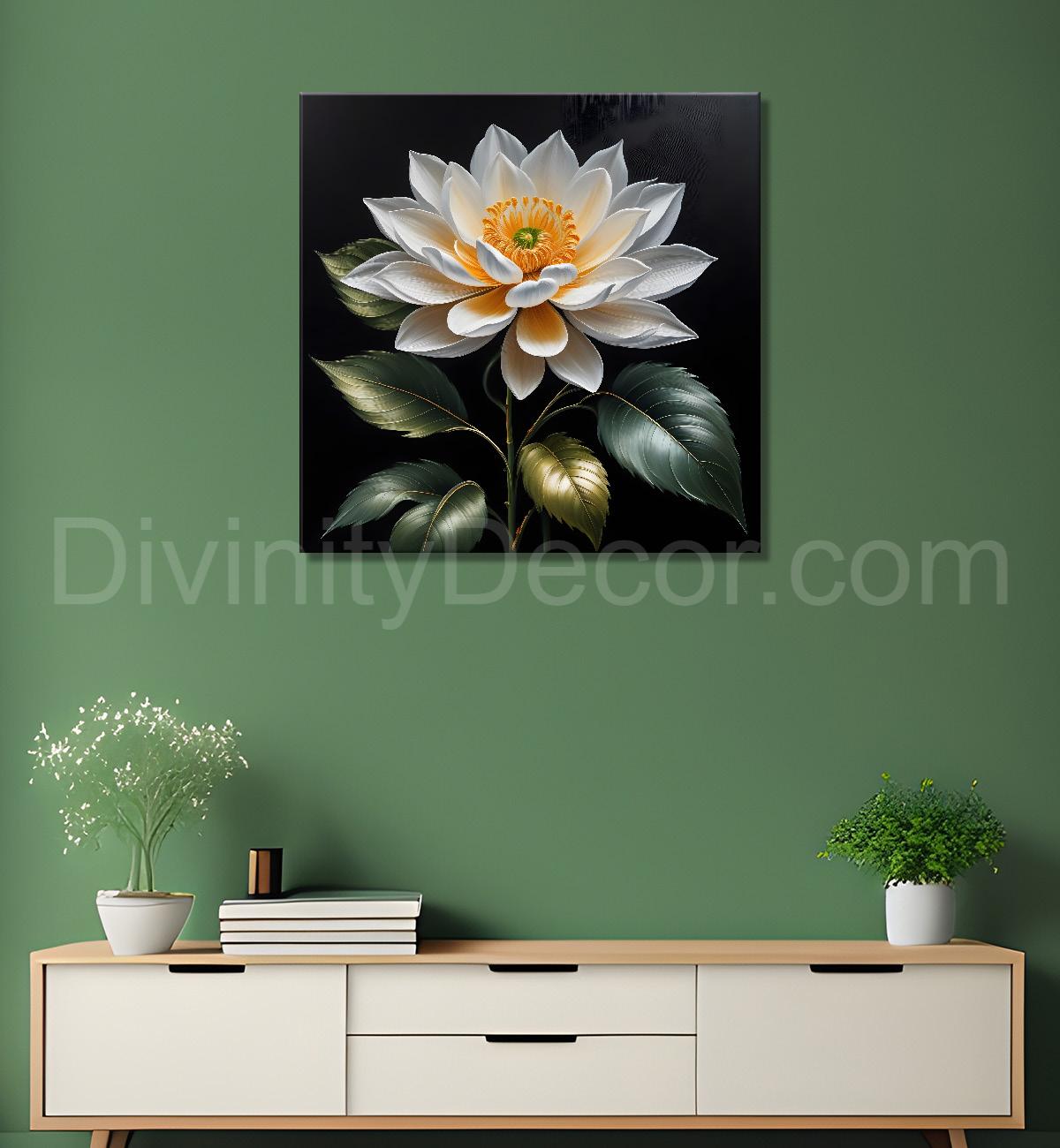 White flower in black textured oil painting - Flower-S-465