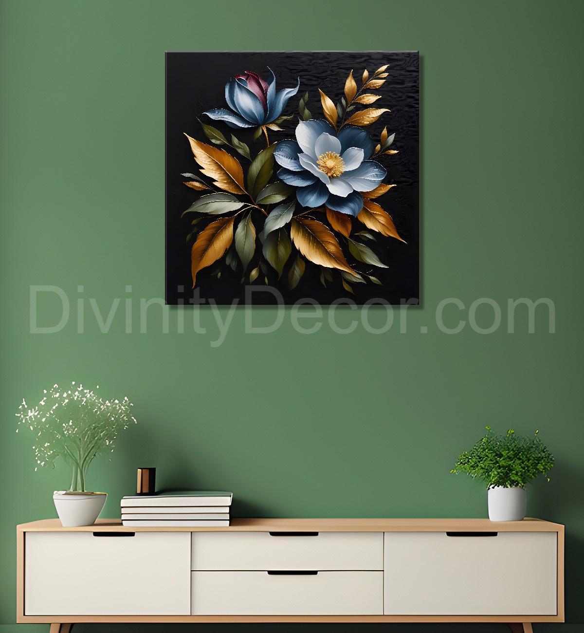 Blue flower in black textured oil painting - Flower-S-466