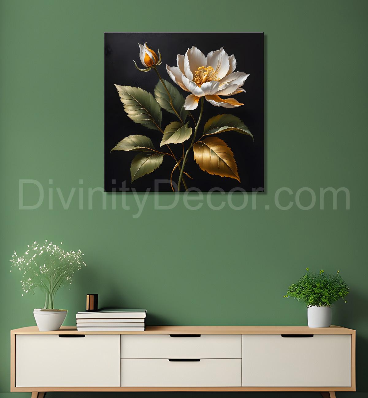 White flower in black textured oil painting - Flower-S-467