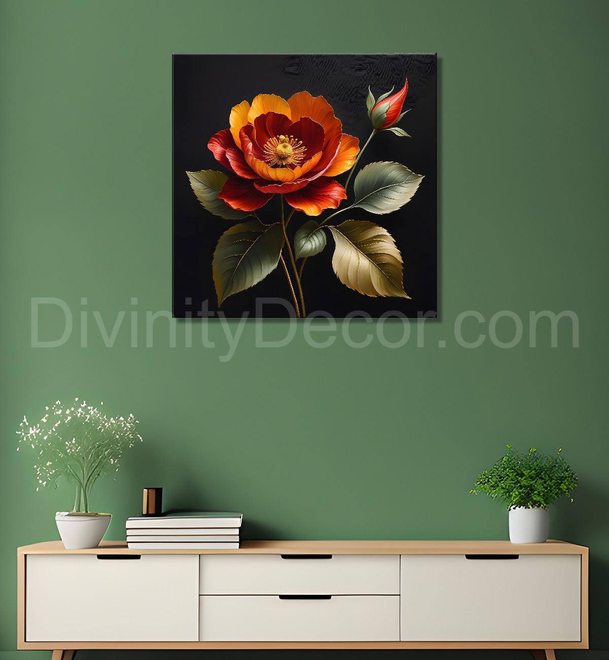 Orange flower in black textured oil painting - Flower-S-468