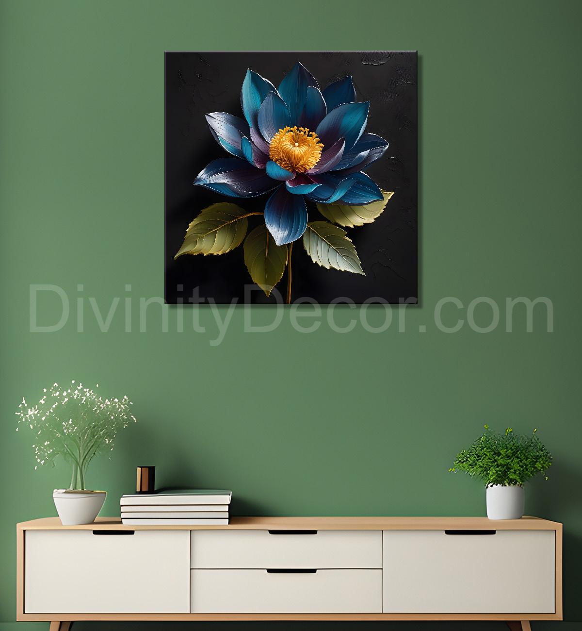 Blue flower in black textured oil painting - Flower-S-469