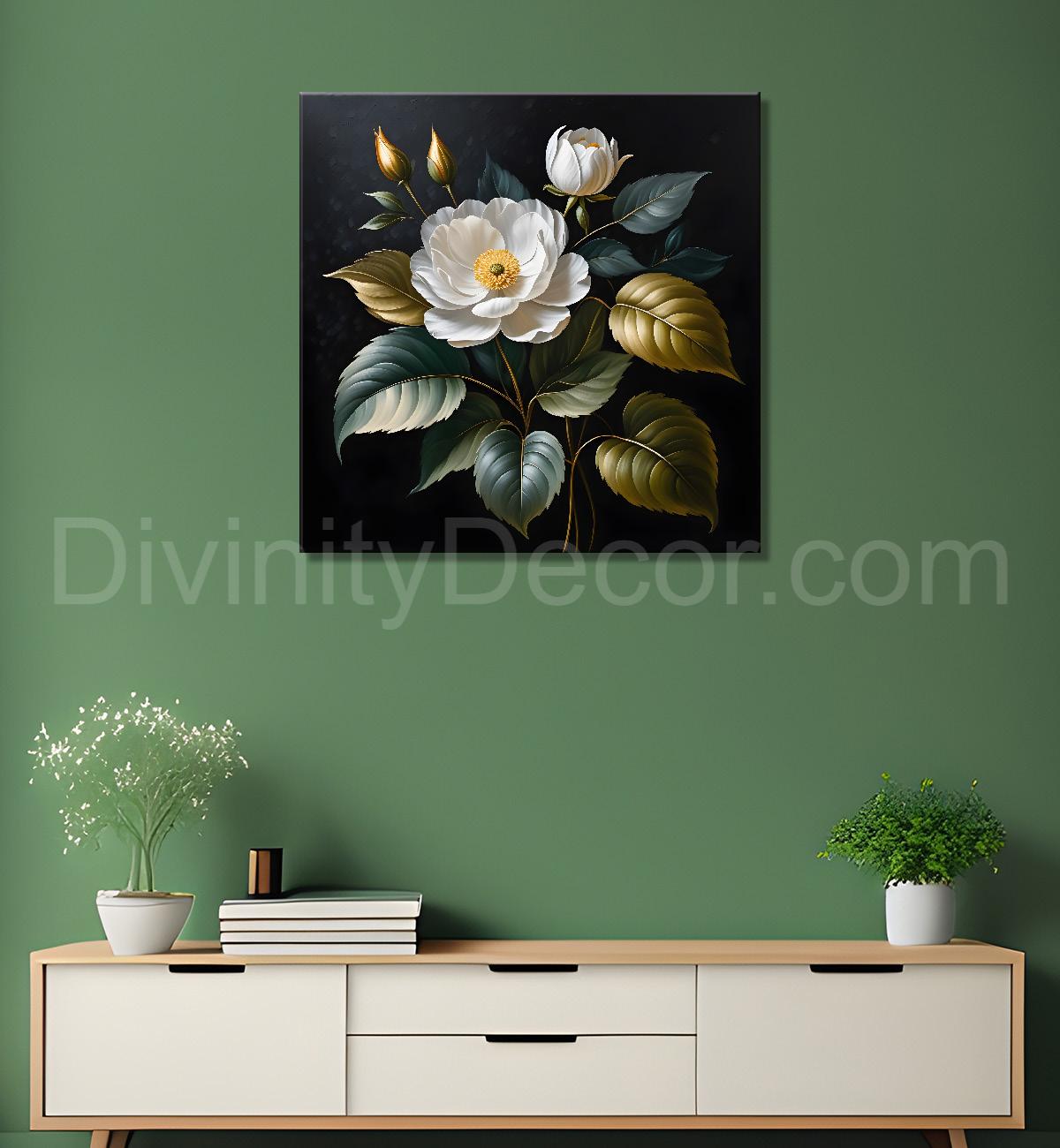 White flower in black textured oil painting - Flower-S-470