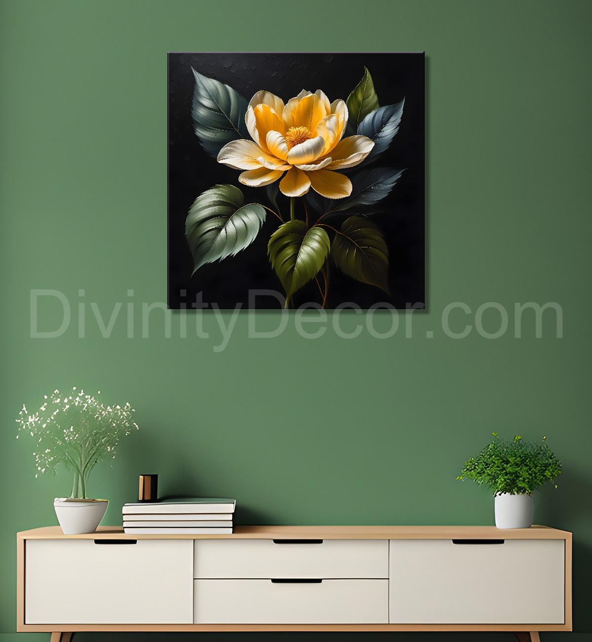 Yellow flower in black textured oil painting - Flower-S-471