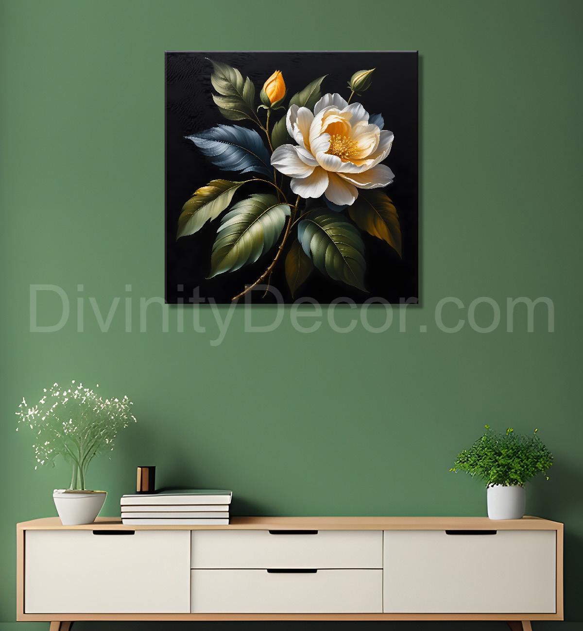 Yellow flower in black textured oil painting - Flower-S-472