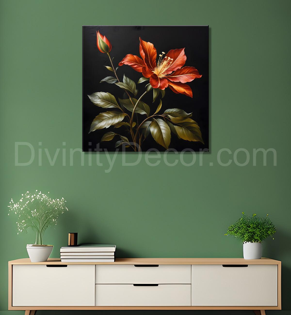 Pink flower in black textured oil painting - Flower-S-474
