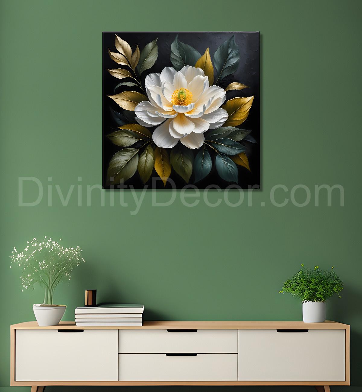 White flower in black textured oil painting - Flower-S-476