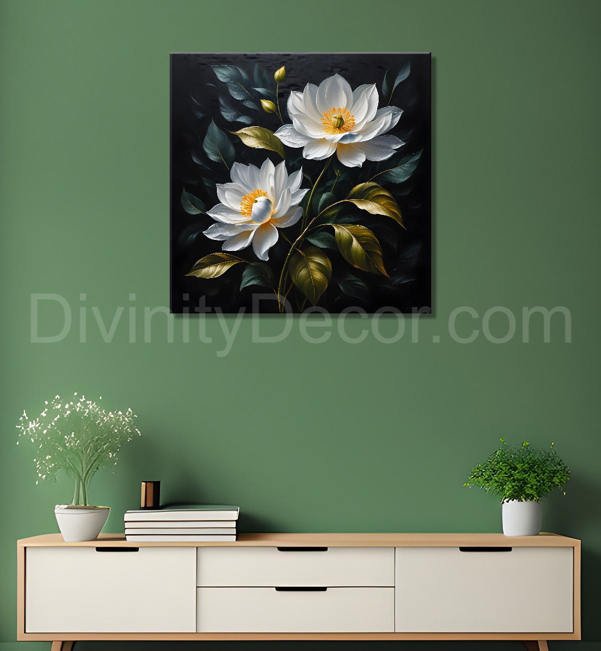 White flowers in black textured oil painting - Flower-S-477