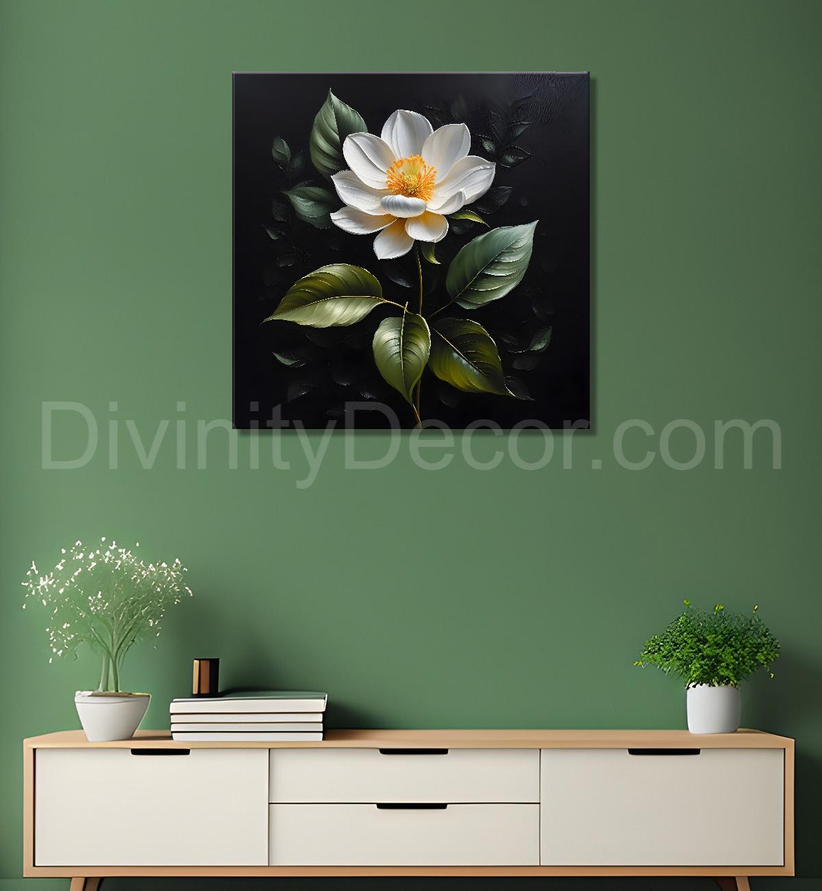 White flowers in black textured oil painting - Flower-S-478