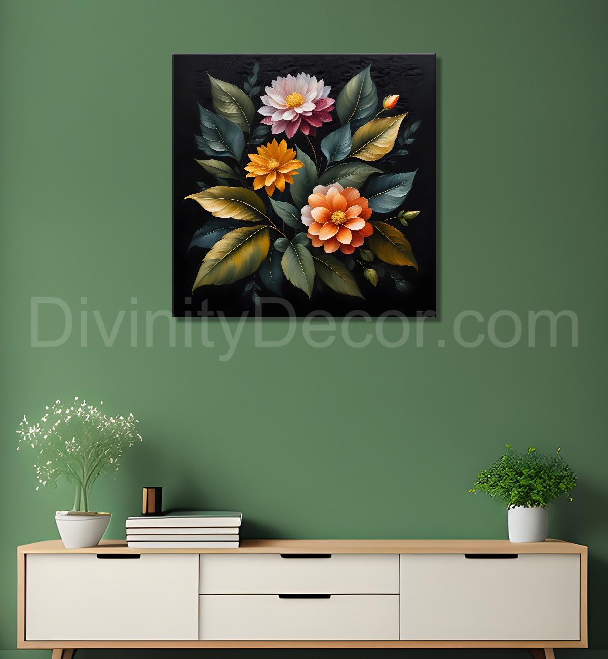 Orange and pink flowers in black textured oil painting - Flower-S-479