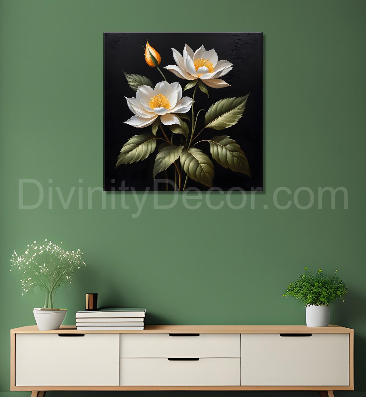 White flowers in black textured oil painting - Flower-S-481