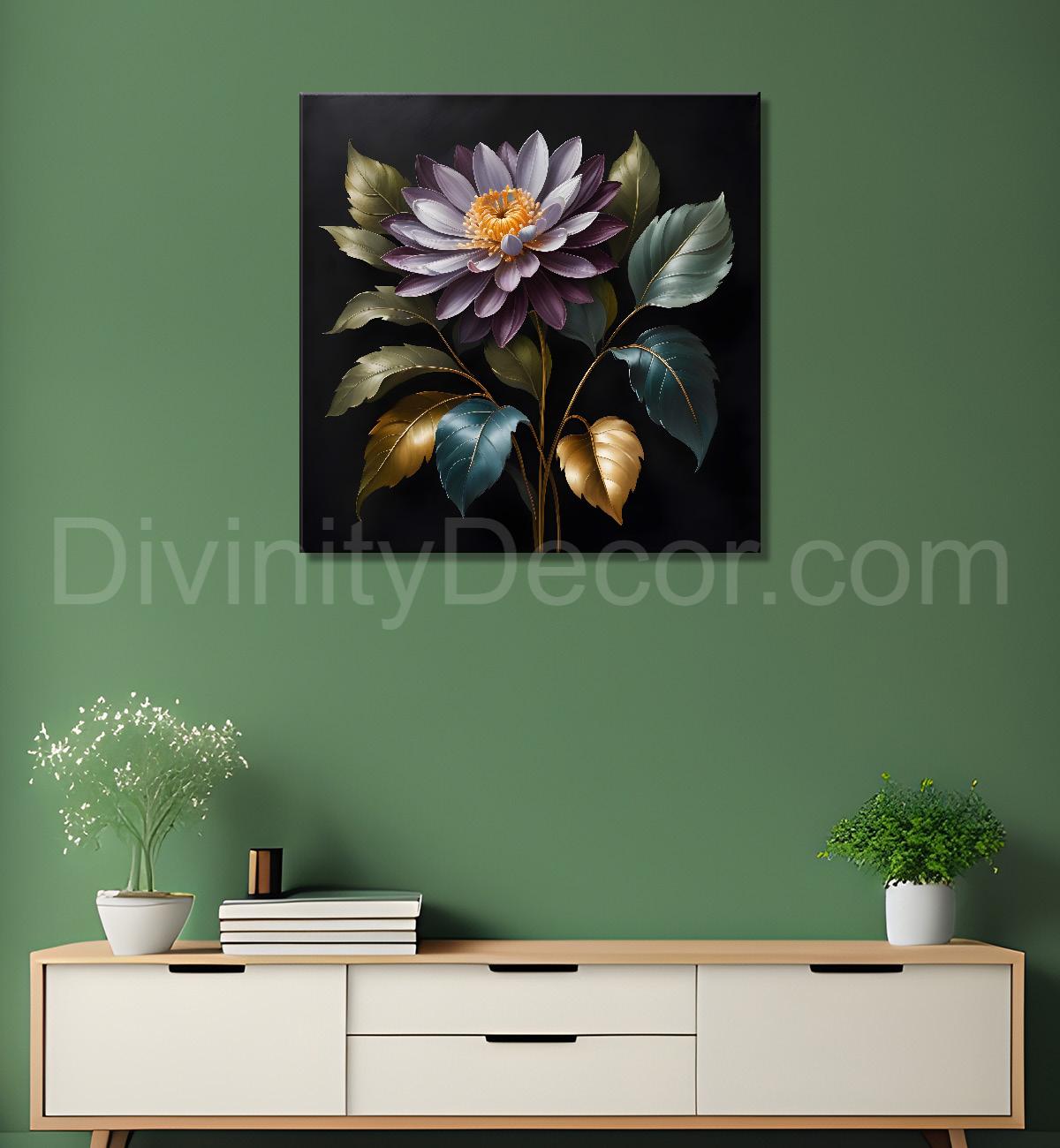 Purple flower in black textured oil painting - Flower-S-485