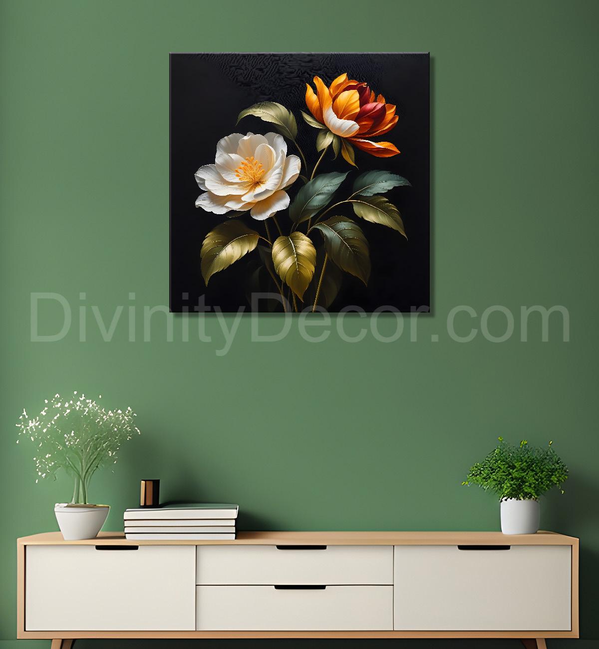 White flower in black textured oil painting - Flower-S-486