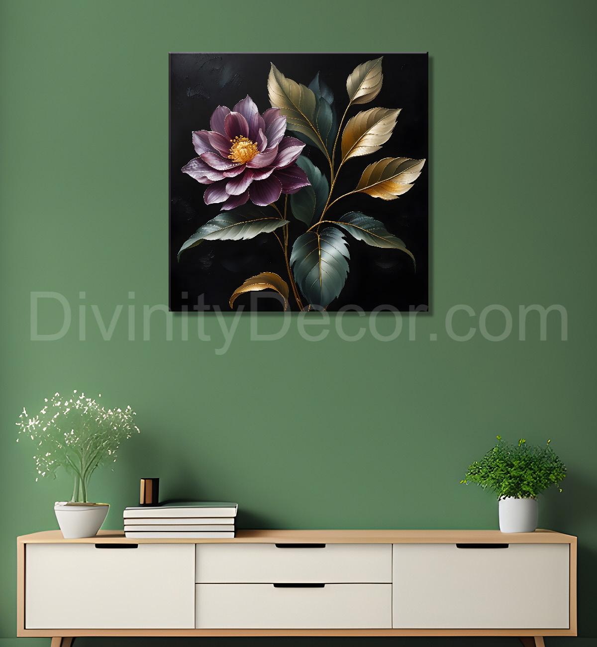 Purple flower in black textured oil painting - Flower-S-487