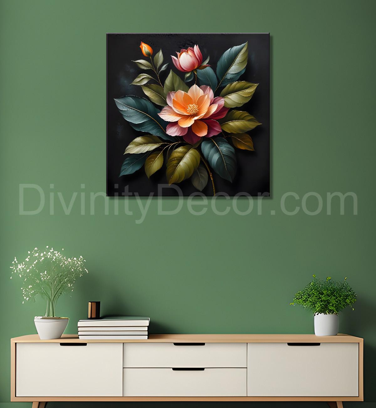 Orange flower in black textured oil painting - Flower-S-488