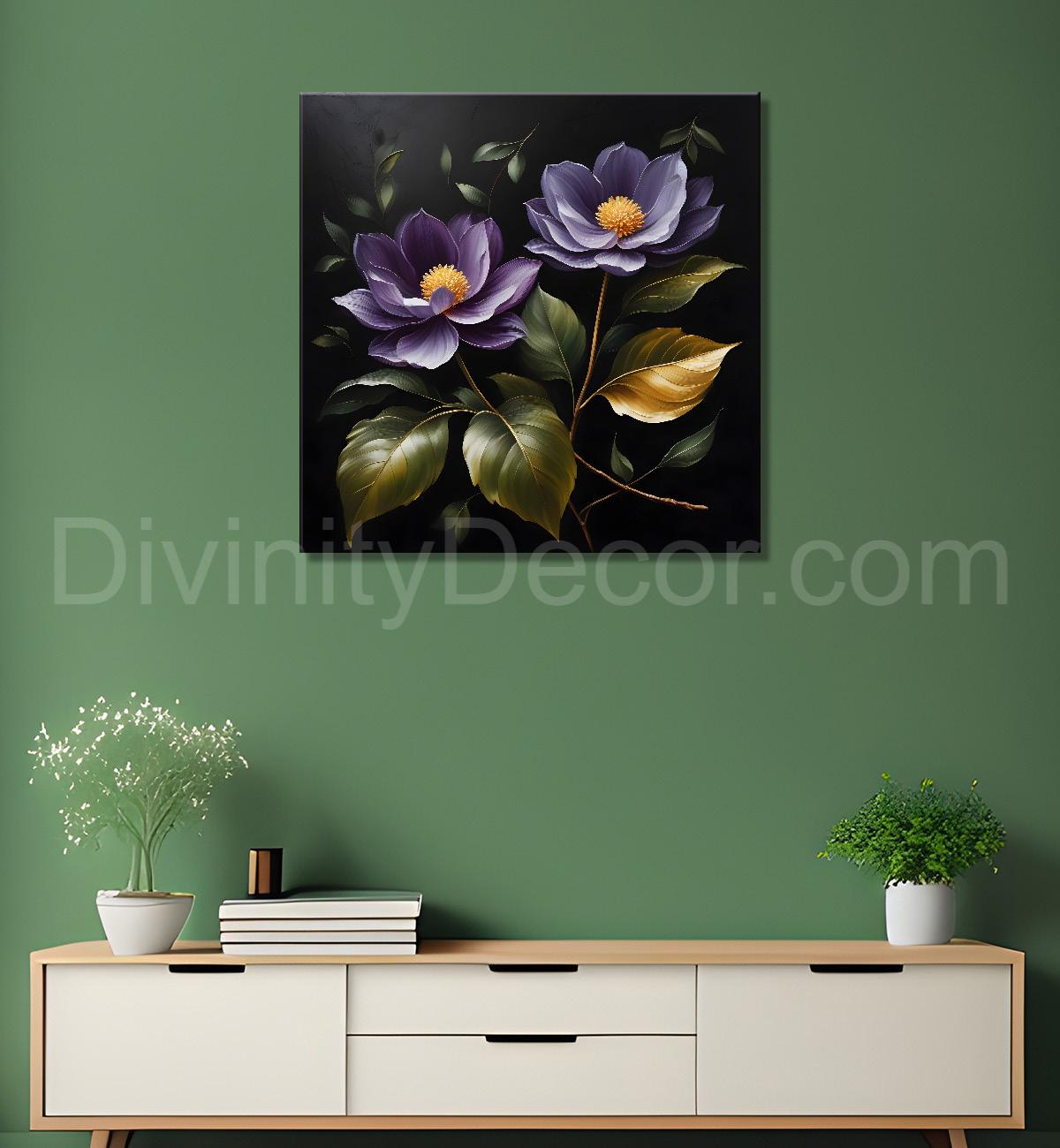 Purple flower in black textured oil painting - Flower-S-489