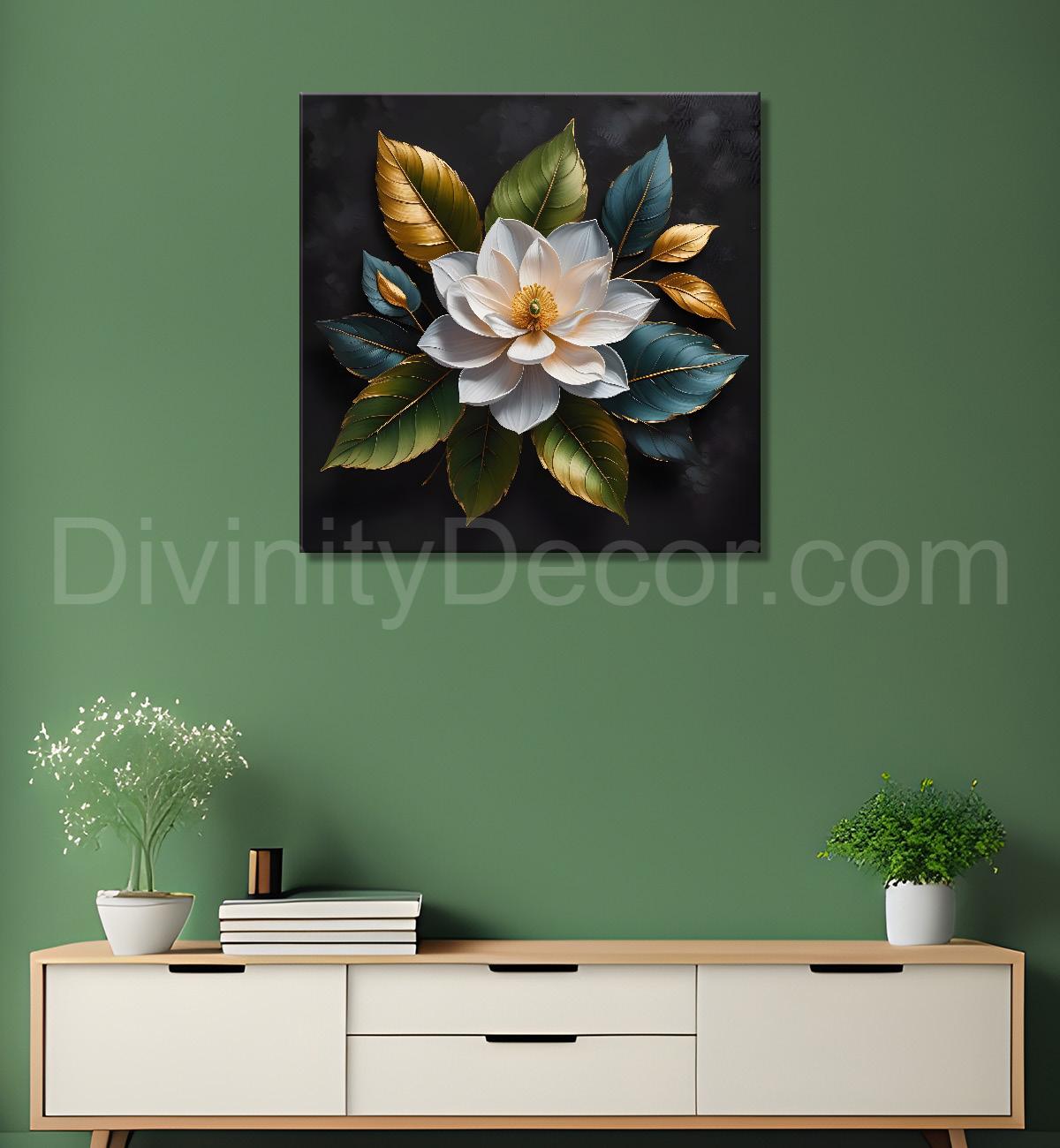 White flower in black textured oil painting - Flower-S-490