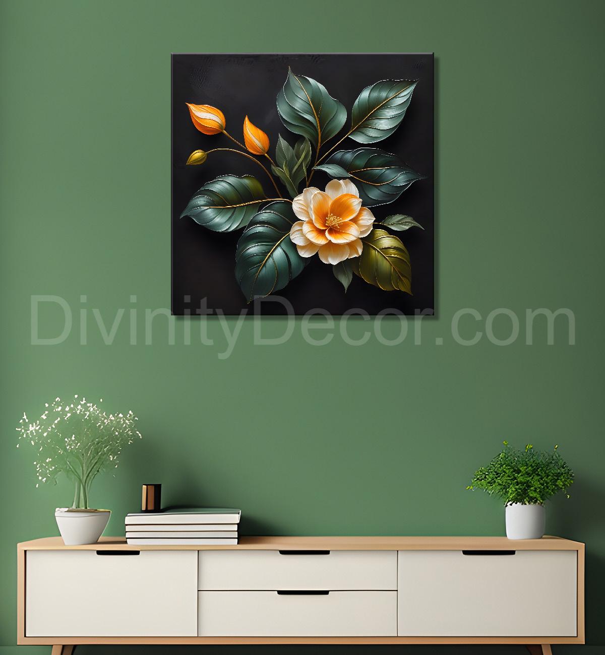 Orange flower in black textured oil painting - Flower-S-491